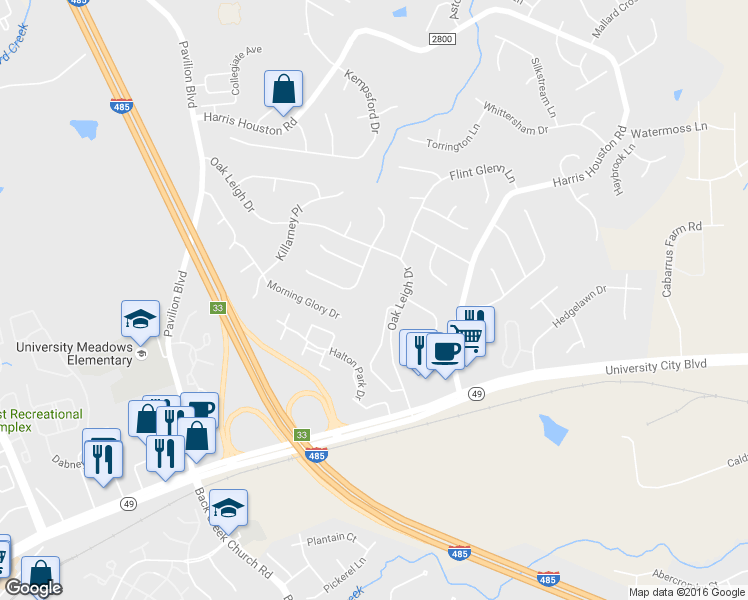 map of restaurants, bars, coffee shops, grocery stores, and more near 1915 Wexford Meadows Lane in Charlotte