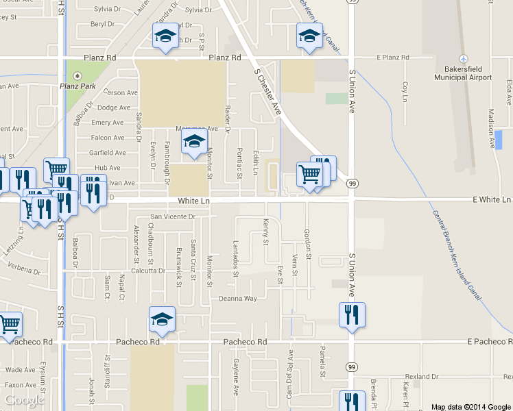 map of restaurants, bars, coffee shops, grocery stores, and more near in Bakersfield