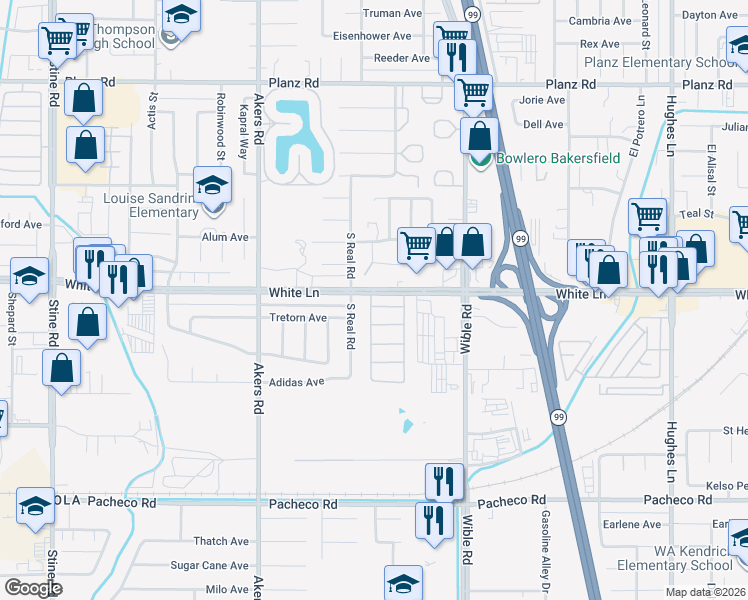 map of restaurants, bars, coffee shops, grocery stores, and more near 3608 Biltmore Lane in Bakersfield