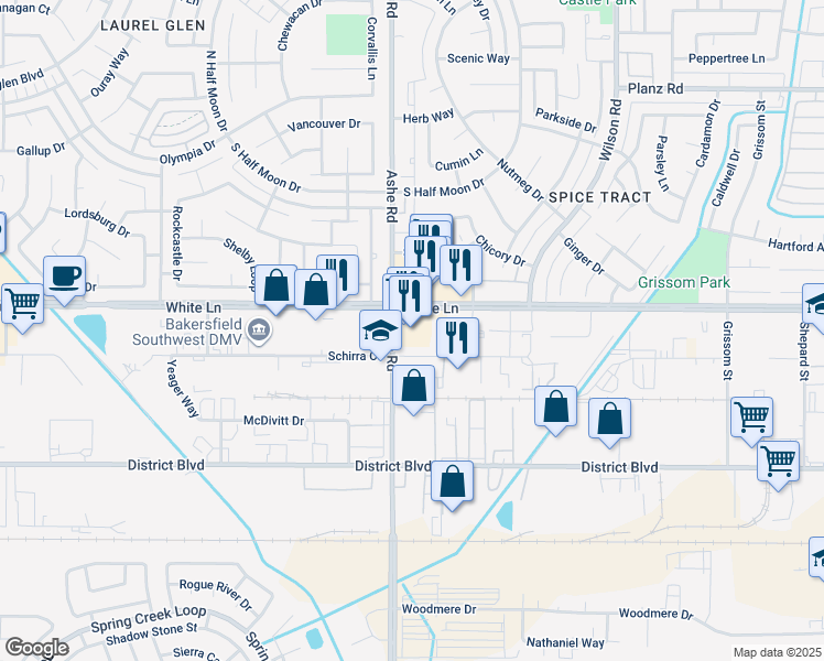map of restaurants, bars, coffee shops, grocery stores, and more near 6401 White Lane in Bakersfield