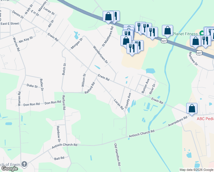 map of restaurants, bars, coffee shops, grocery stores, and more near 109 Lucas Road in Dunn