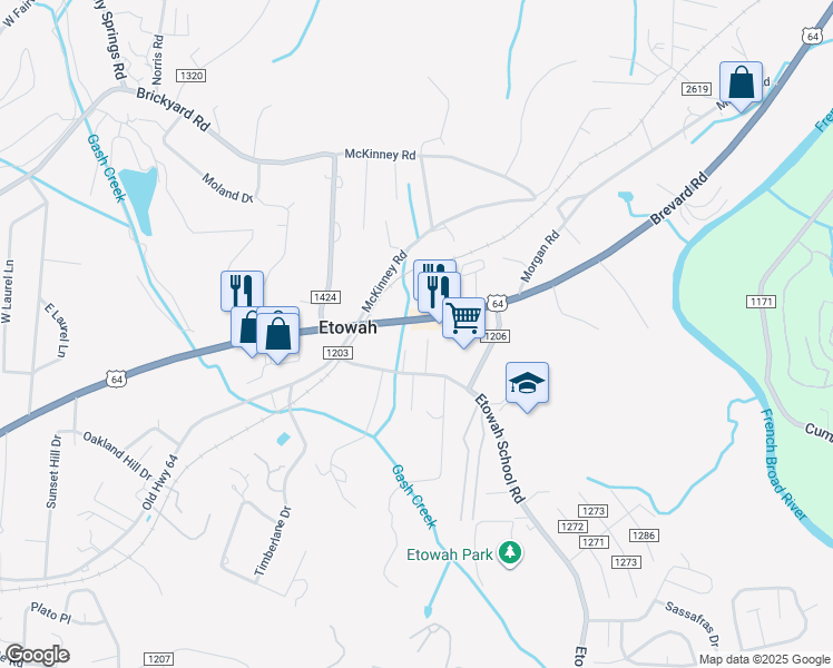 map of restaurants, bars, coffee shops, grocery stores, and more near 6500 Brevard Road in Etowah