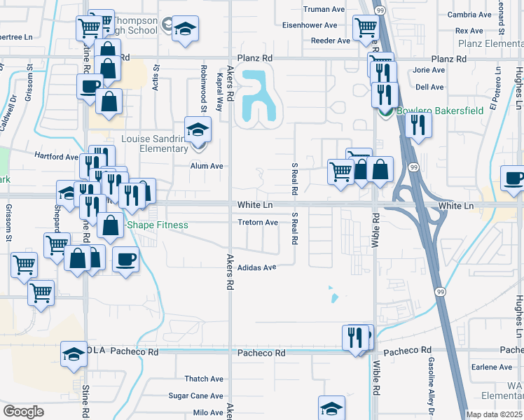 map of restaurants, bars, coffee shops, grocery stores, and more near 3901 White Lane in Bakersfield