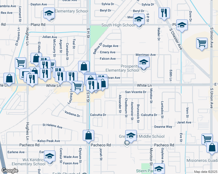 map of restaurants, bars, coffee shops, grocery stores, and more near 1324 White Lane in Bakersfield