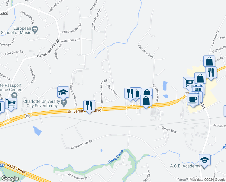map of restaurants, bars, coffee shops, grocery stores, and more near 11815 University City Boulevard in Charlotte