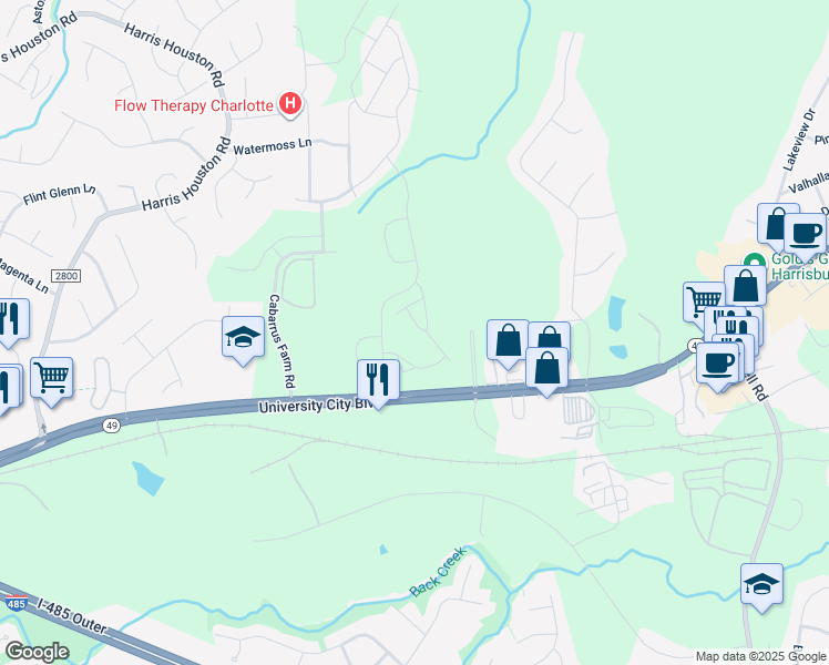 map of restaurants, bars, coffee shops, grocery stores, and more near 11815 University City Boulevard in Charlotte