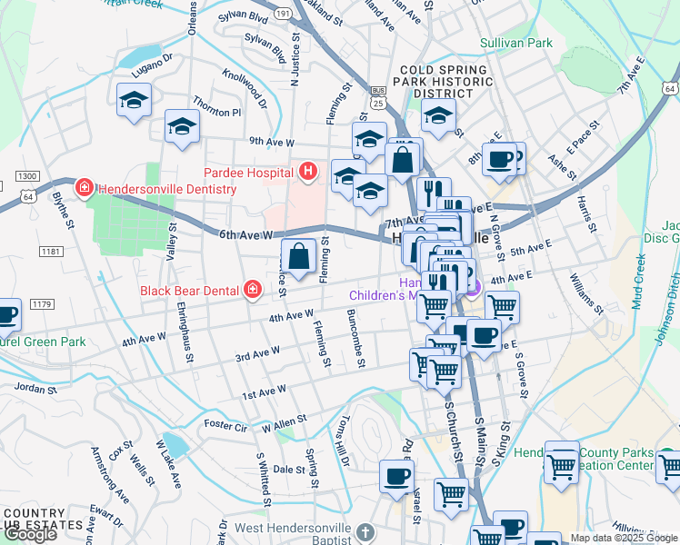 map of restaurants, bars, coffee shops, grocery stores, and more near 427 5th Avenue West in Hendersonville