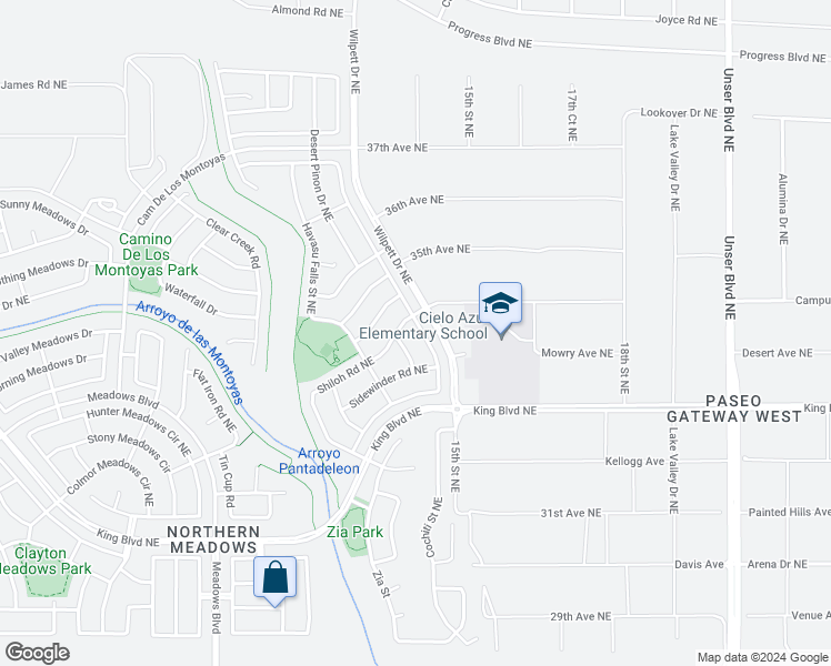 map of restaurants, bars, coffee shops, grocery stores, and more near 3601 Oasis Springs Road Northeast in Rio Rancho