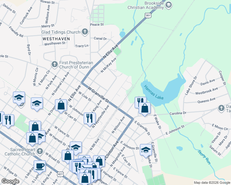 map of restaurants, bars, coffee shops, grocery stores, and more near 1107 North Fayetteville Avenue in Dunn