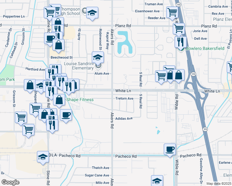 map of restaurants, bars, coffee shops, grocery stores, and more near 4009 White Lane in Bakersfield