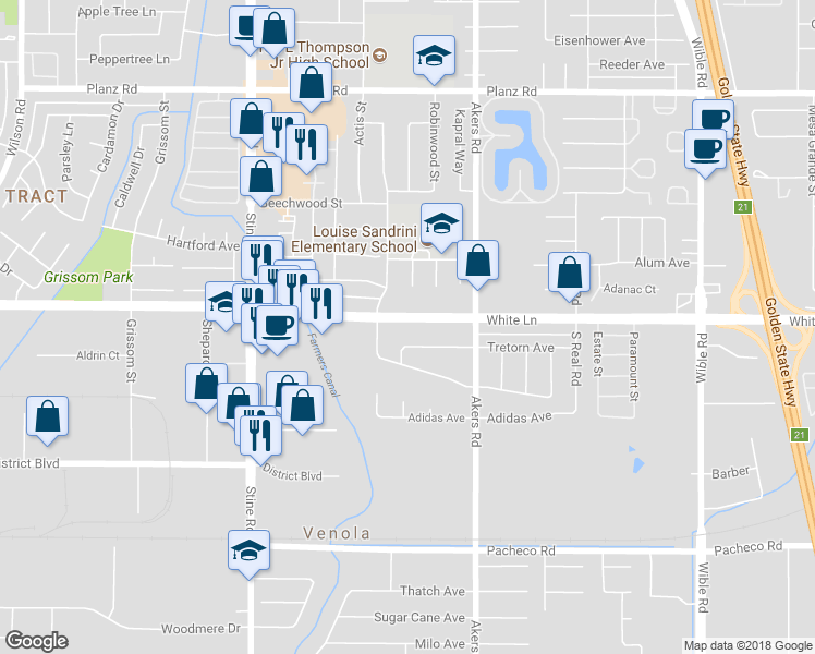 map of restaurants, bars, coffee shops, grocery stores, and more near 4309 White Lane in Bakersfield