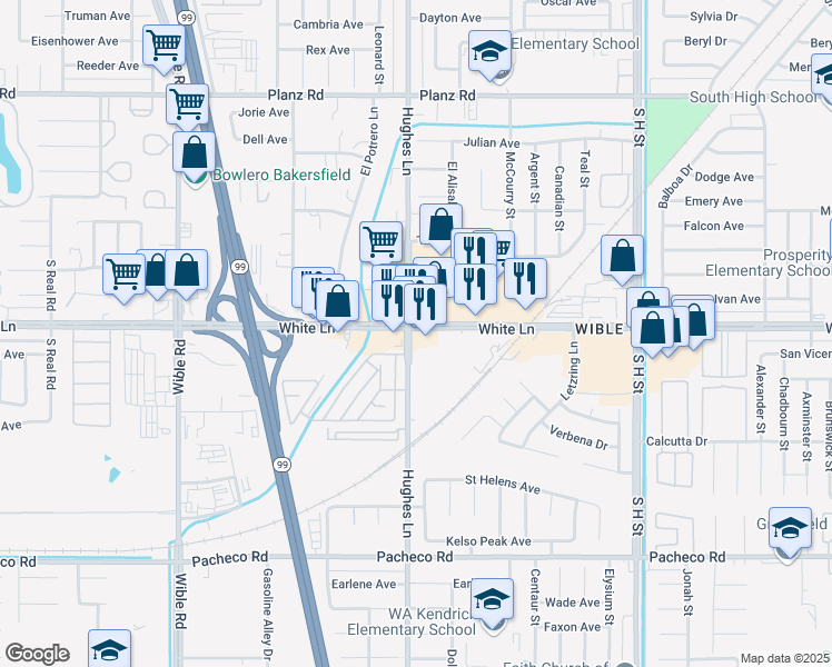 map of restaurants, bars, coffee shops, grocery stores, and more near 2401 White Lane in Bakersfield