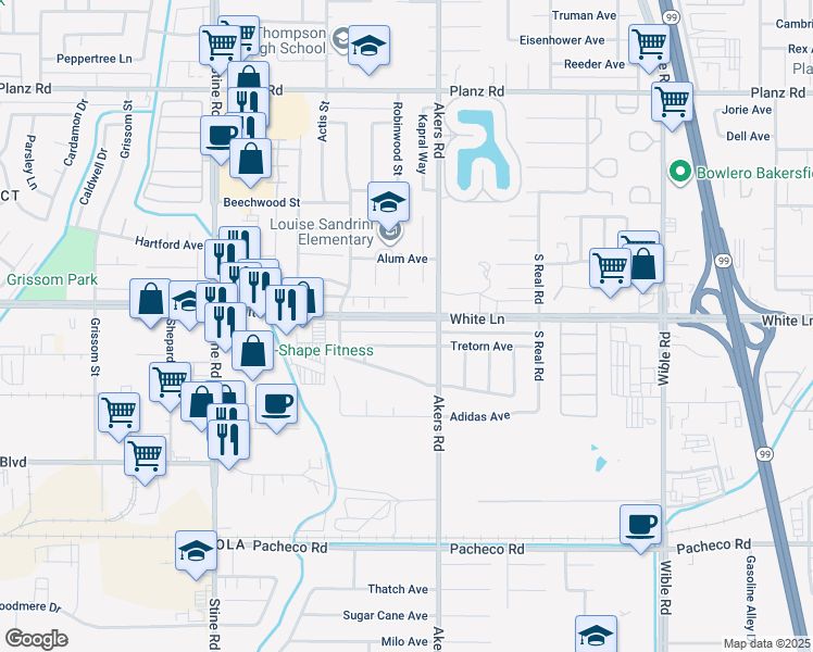 map of restaurants, bars, coffee shops, grocery stores, and more near 4201 White Lane in Bakersfield