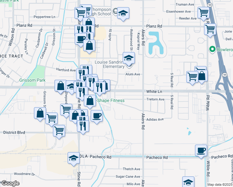 map of restaurants, bars, coffee shops, grocery stores, and more near 4101 Vaughn Way in Bakersfield