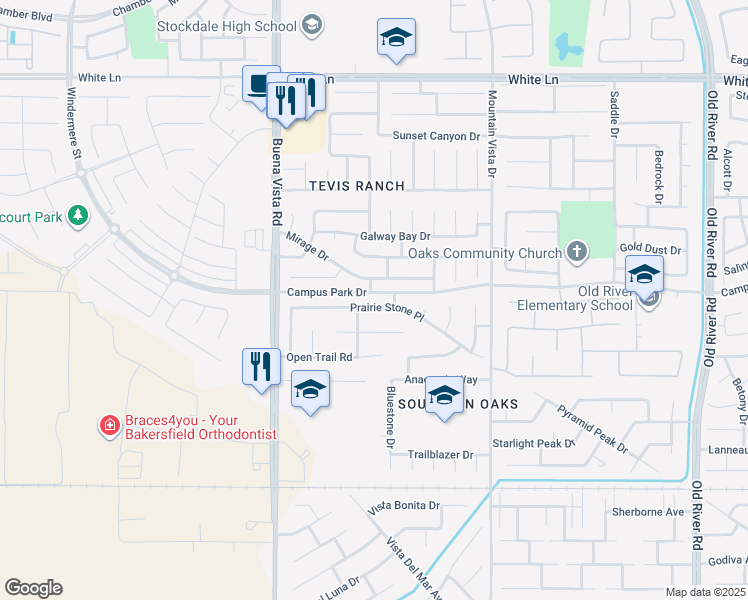 map of restaurants, bars, coffee shops, grocery stores, and more near 10914 Prairie Stone Place in Bakersfield