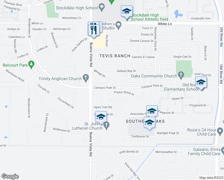 map of restaurants, bars, coffee shops, grocery stores, and more near 11008 Prairie Stone Place in Bakersfield