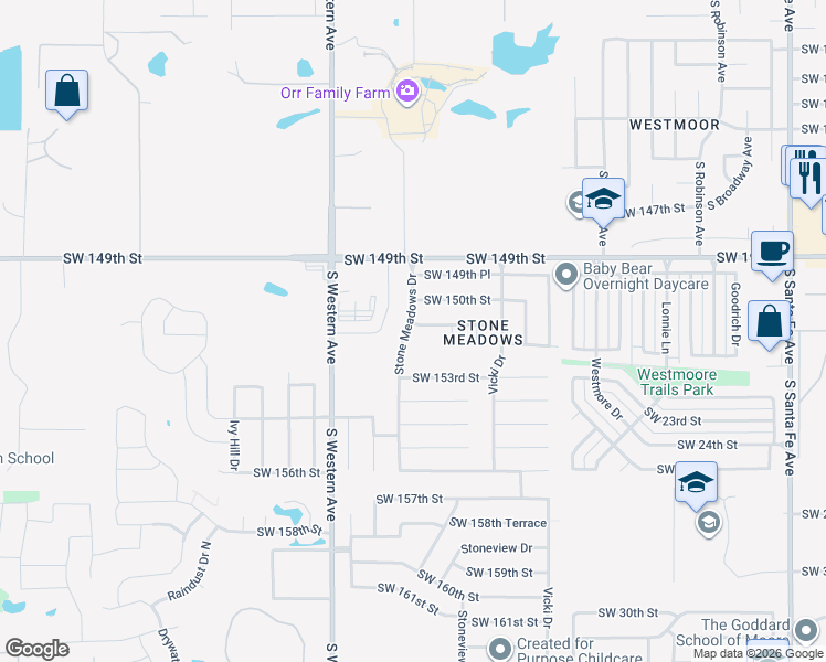 map of restaurants, bars, coffee shops, grocery stores, and more near 724 Southwest 151st Street in Oklahoma City