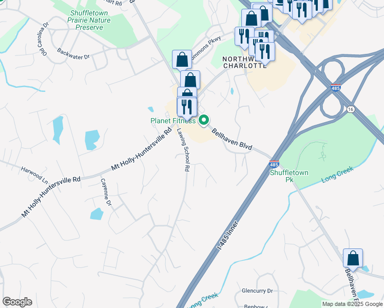 map of restaurants, bars, coffee shops, grocery stores, and more near 10004 Lawing School Road in Charlotte
