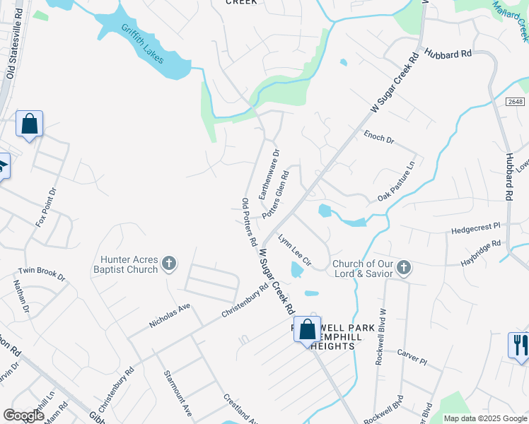 map of restaurants, bars, coffee shops, grocery stores, and more near 4609 Potters Glen Road in Charlotte