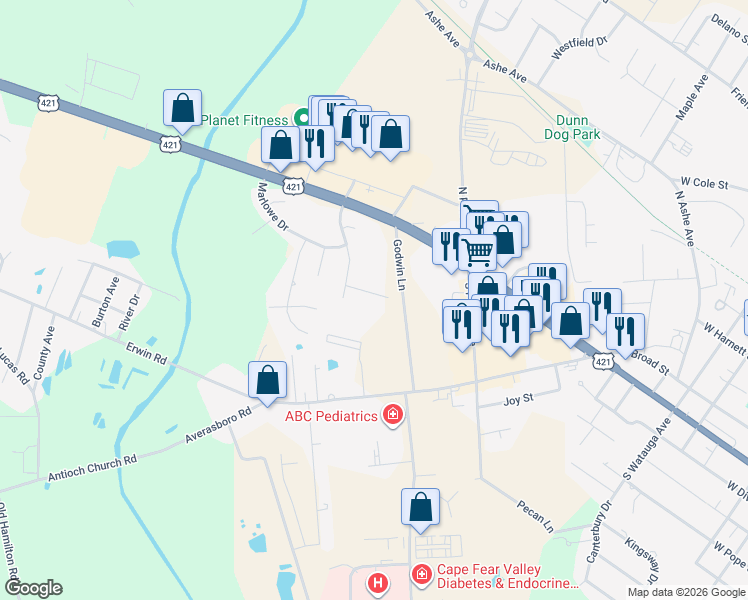 map of restaurants, bars, coffee shops, grocery stores, and more near 106 Murchison Drive in Dunn