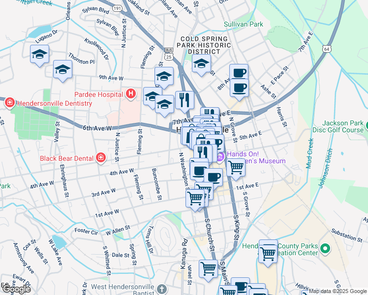 map of restaurants, bars, coffee shops, grocery stores, and more near 255 5th Avenue West in Hendersonville