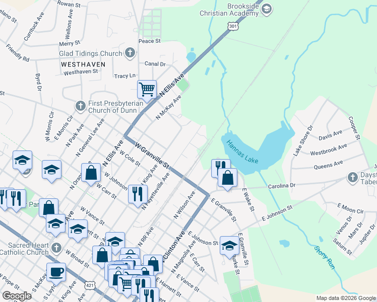 map of restaurants, bars, coffee shops, grocery stores, and more near 1107 North Fayetteville Avenue in Dunn