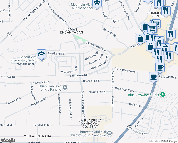 map of restaurants, bars, coffee shops, grocery stores, and more near 3525 North Pole Loop Northeast in Rio Rancho