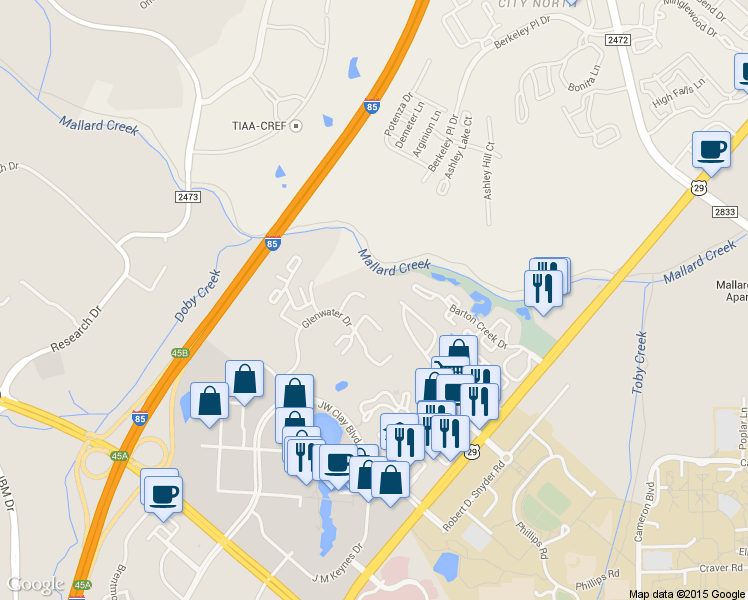 map of restaurants, bars, coffee shops, grocery stores, and more near 728 Mountainwater Drive in Charlotte