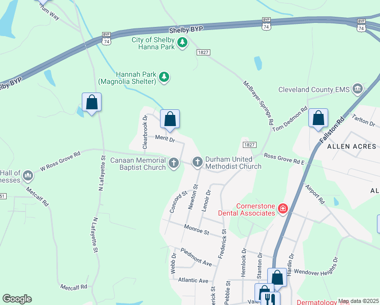 map of restaurants, bars, coffee shops, grocery stores, and more near 1406 Vantage Drive in Shelby