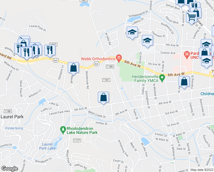 map of restaurants, bars, coffee shops, grocery stores, and more near 202 Iowa Street in Hendersonville