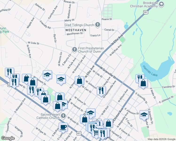 map of restaurants, bars, coffee shops, grocery stores, and more near 807 North Ellis Avenue in Dunn