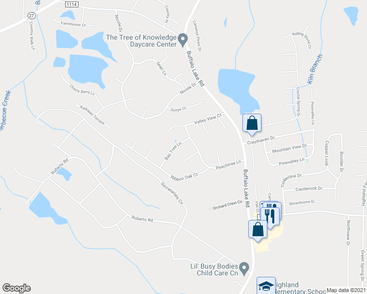 map of restaurants, bars, coffee shops, grocery stores, and more near 51 Bay Tree Lane in Sanford