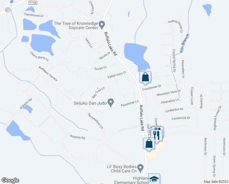 map of restaurants, bars, coffee shops, grocery stores, and more near 300 Peachtree Lane in Sanford