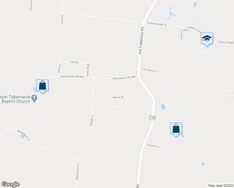 map of restaurants, bars, coffee shops, grocery stores, and more near 84 Acorn Drive in Tullahoma