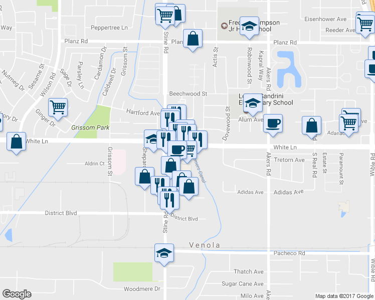 map of restaurants, bars, coffee shops, grocery stores, and more near 4701 White Lane in Bakersfield