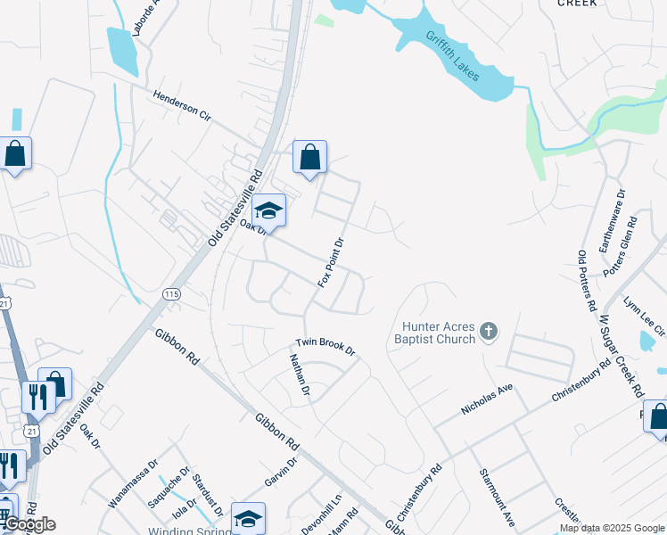map of restaurants, bars, coffee shops, grocery stores, and more near 8539 Oak Drive in Charlotte