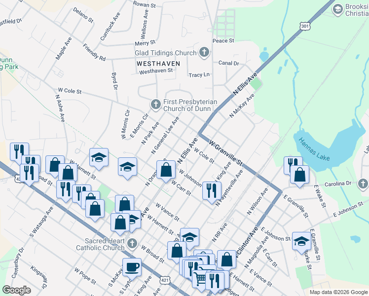 map of restaurants, bars, coffee shops, grocery stores, and more near 807 North Ellis Avenue in Dunn