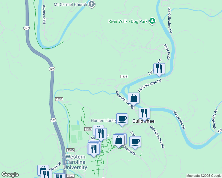 map of restaurants, bars, coffee shops, grocery stores, and more near 65 South Painter Road in Cullowhee