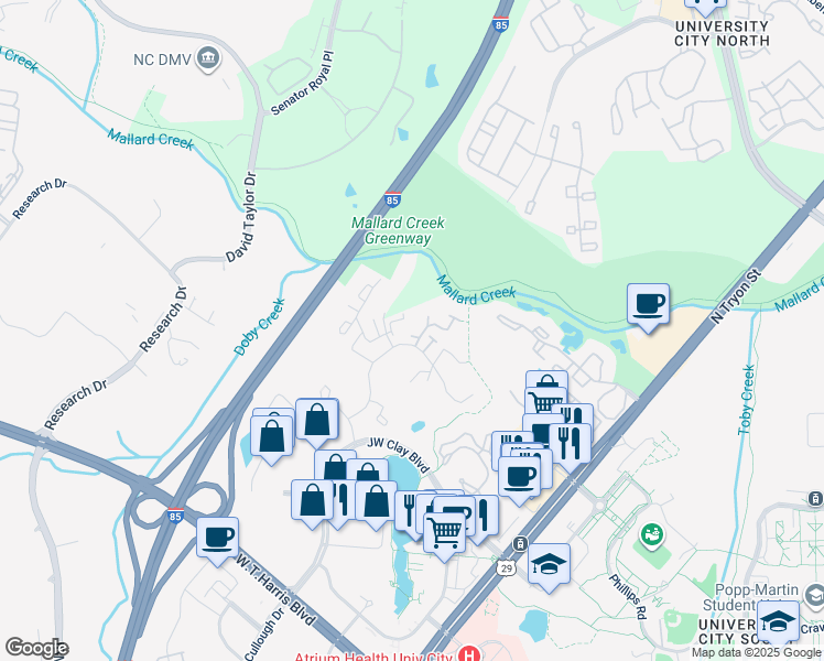 map of restaurants, bars, coffee shops, grocery stores, and more near 607 Mountainwater Drive in Charlotte