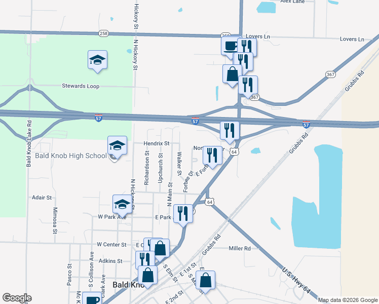 map of restaurants, bars, coffee shops, grocery stores, and more near 727 Forbes Drive in Bald Knob