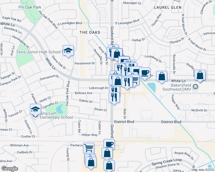 map of restaurants, bars, coffee shops, grocery stores, and more near 8001 White Lane in Bakersfield
