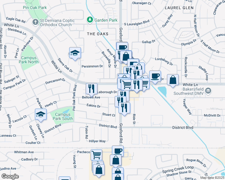 map of restaurants, bars, coffee shops, grocery stores, and more near 8208 Laborough Drive in Bakersfield