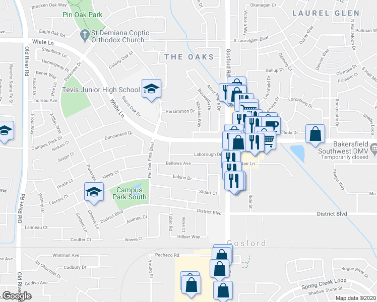 map of restaurants, bars, coffee shops, grocery stores, and more near 8400 Laborough Drive in Bakersfield