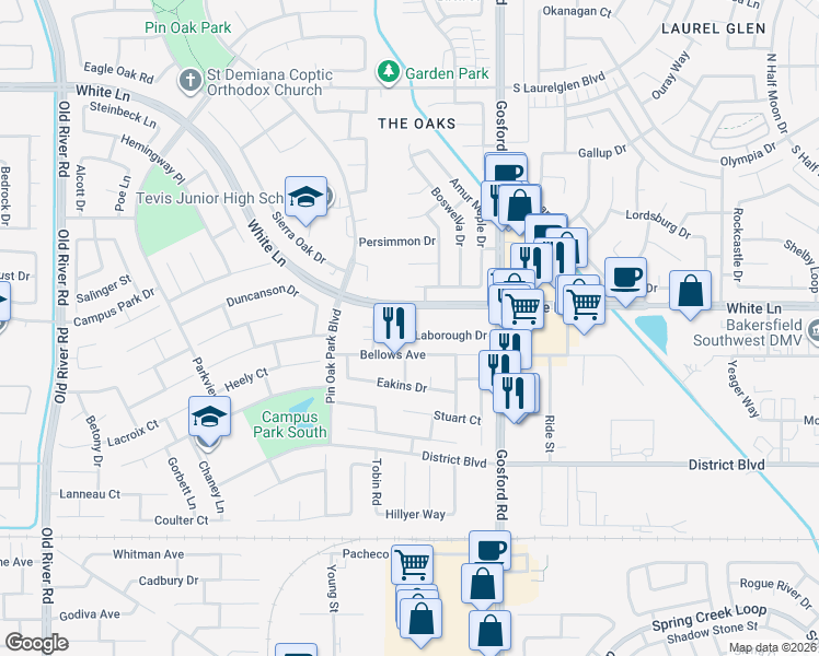 map of restaurants, bars, coffee shops, grocery stores, and more near 8400 Laborough Drive in Bakersfield
