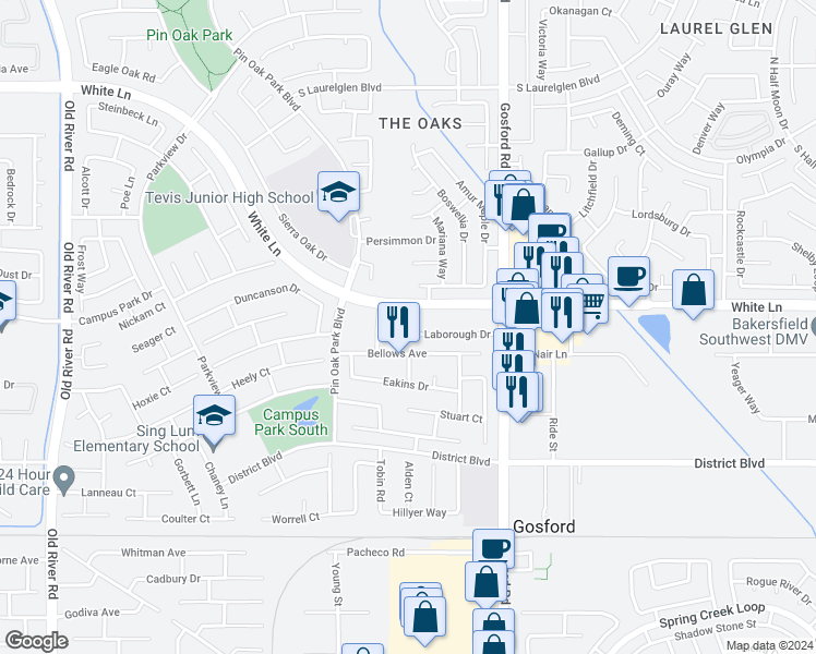 map of restaurants, bars, coffee shops, grocery stores, and more near 8400 Laborough Drive in Bakersfield