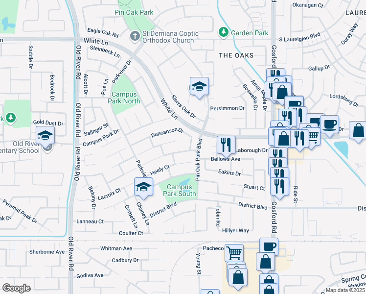 map of restaurants, bars, coffee shops, grocery stores, and more near 8800 Crowningshield Drive in Bakersfield