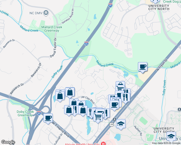 map of restaurants, bars, coffee shops, grocery stores, and more near 607 Mountainwater Drive in Charlotte