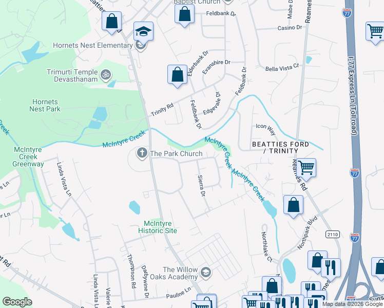 map of restaurants, bars, coffee shops, grocery stores, and more near 4724 Meridian Drive in Charlotte