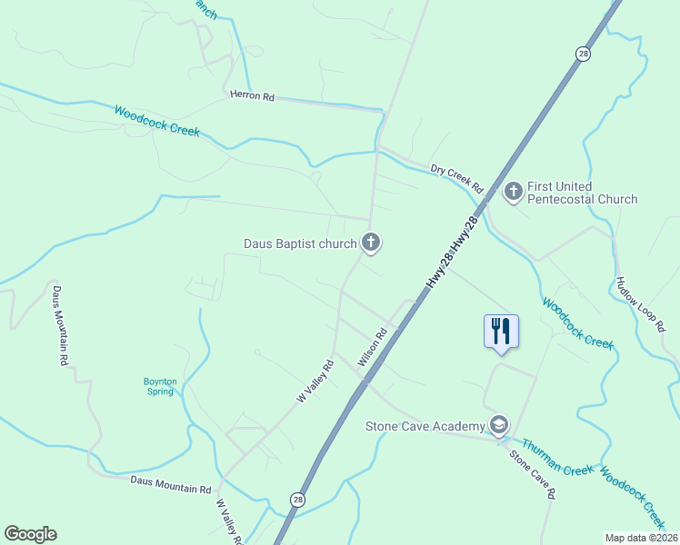 map of restaurants, bars, coffee shops, grocery stores, and more near 2601 West Valley Road in Dunlap