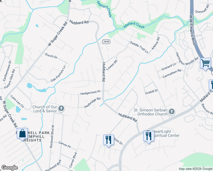 map of restaurants, bars, coffee shops, grocery stores, and more near 3606 Hubbard Road in Charlotte